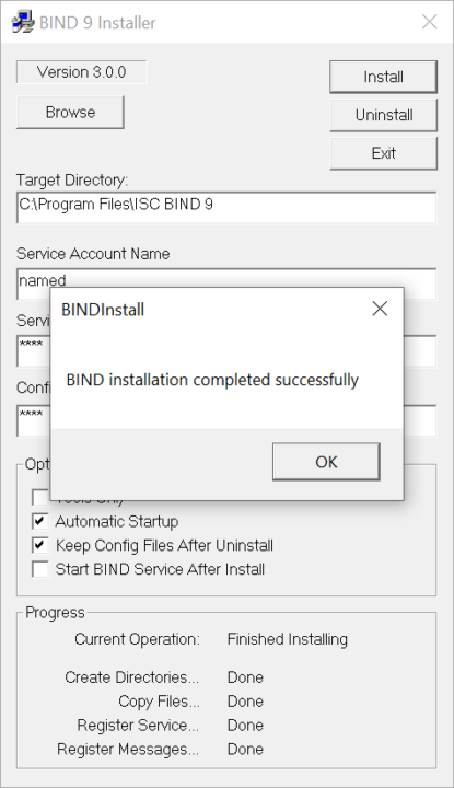 BIND 9 Installation successful