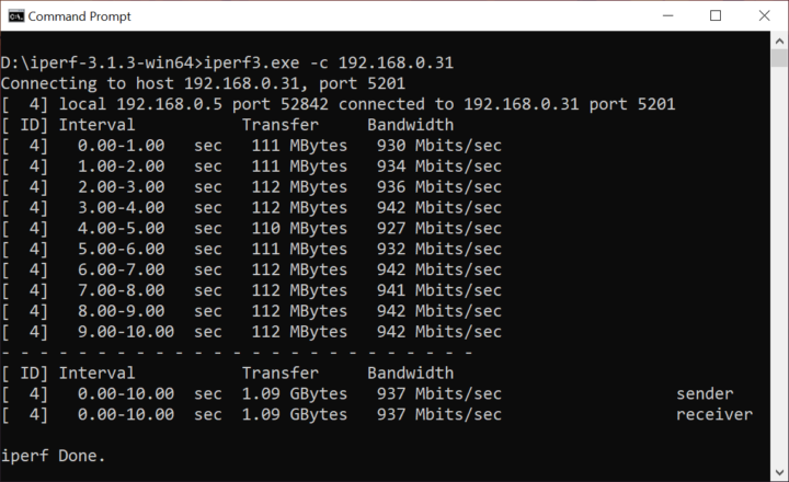 iPerf 3.1.3 Windows CMD Client Output