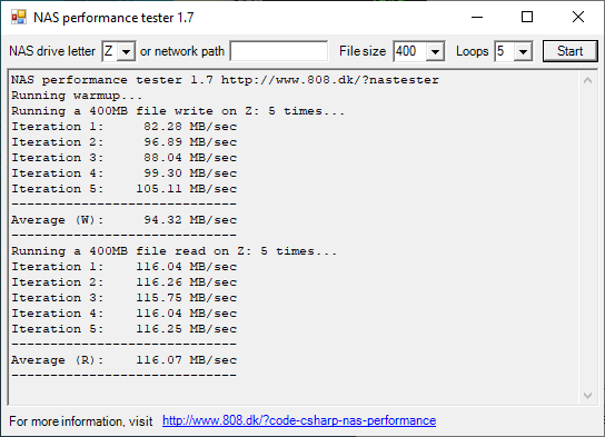 NAS Performance Tester 1.7 Windows Output