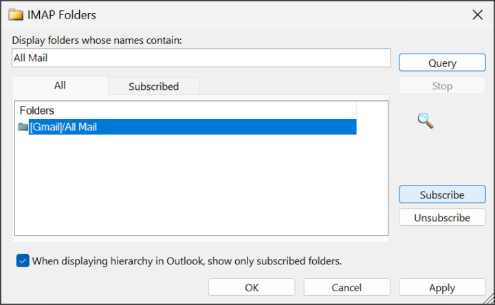 IMAP Folder Subscribe Outlook